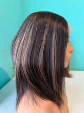 Load image into Gallery viewer, Lace Top Human hair Wig 15-16&quot;- MEDIUM cap Dark Brown and Almond highlights
